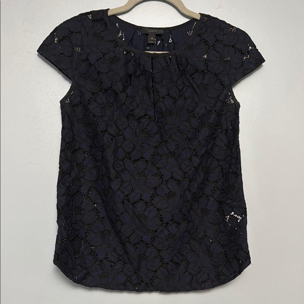 J. Crew Navy Cap Sleeve Lace Blouse